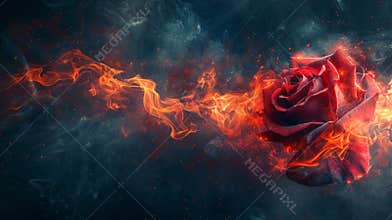 Red flaming rose surrounded by smoke and ashes in a mysterious night setting