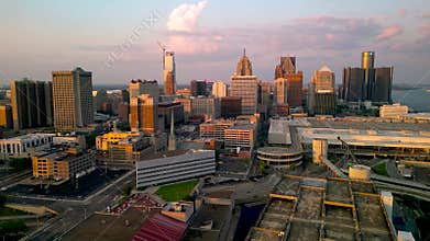 Aerial view of Detroit downtown under evening sunlight. Second biggest metropolitan area in American mid west