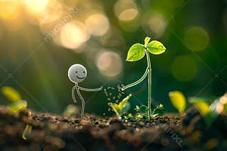 stick figure with a smile on his face, is planting small plant seeds