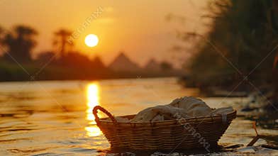 Baby moses floating in a basket on the river at sunset near pyramids