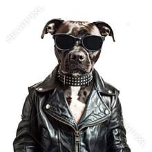 Black dog with a studded collar and sunglasses wearing a leather jacket