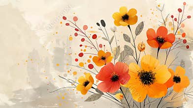 geometric floral illustration, simple doodle of fall flowers in geometric layout, great for contemporary botanical art