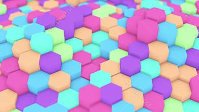 3D animation of closeup colourful hexagon tubes random changing position