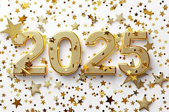 Festive background Happy New Year 2025. Gold numbers 2025, on a white background with shiny gold stars.