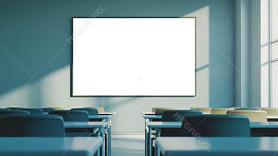Empty classroom with blank whiteboard and desk rows bathed in sunlight an ideal setup for education and learning