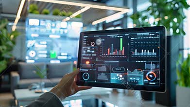 Person Viewing Data Analytics on Tablet in Modern Office