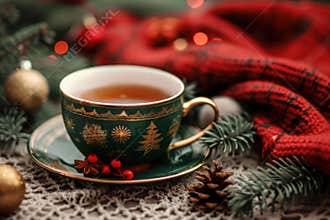 Steaming cup of christmas tea surrounded by festive decorations