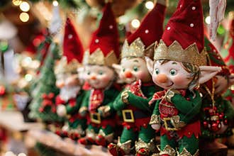 Christmas elves wearing red and green outfits standing in a row