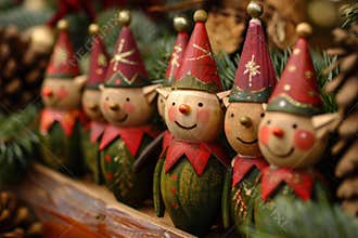 Wooden christmas elves smiling and bringing holiday cheer
