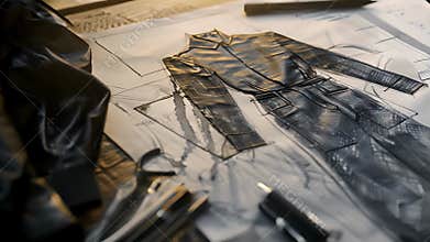 A sketch of a sleek and modern jumpsuit paired with swatches of metallic silver fabric for added glamour