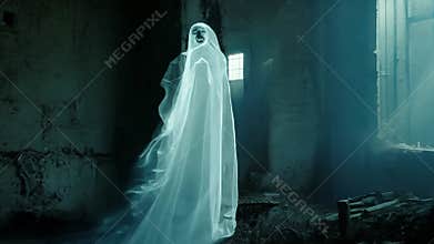 A ghostly apparition made of light and glowing fabric floats through a lost place building