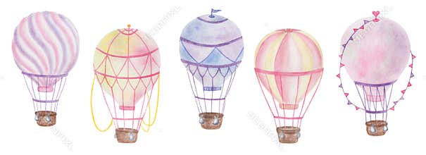 Watercolor illustration. Hand painted hot air balloons in purple, blue, pink, yellow colors with basket, ropes, bags, flags.