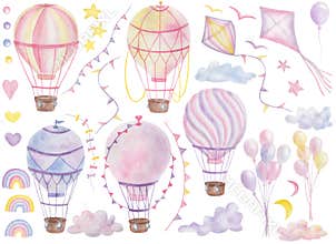 Watercolor illustration. Hand painted hot air balloons, kites, festoons with flags, clouds, rainbows in purple, blue, pink, yellow