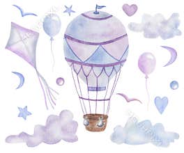 Watercolor illustration of hand painted blue purple hot air balloons, kite, birds, hearts, stars, clouds isolated on white. Clip