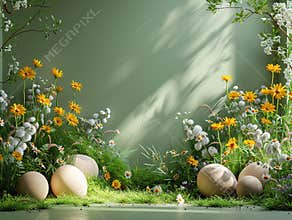 Easter podium background 3d product egg spring happy flower display scene sale gold. Background rabbit podium banner