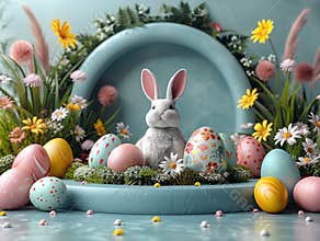 Easter podium background 3d product egg spring happy flower display scene sale gold. Background rabbit podium banner