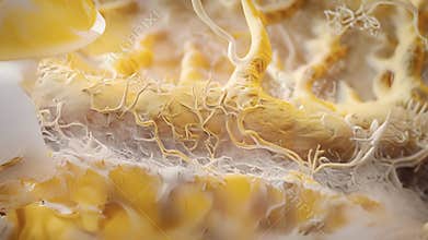 A magnified view of a single myelinated axon showcasing the intricate layers of the myelin sheath