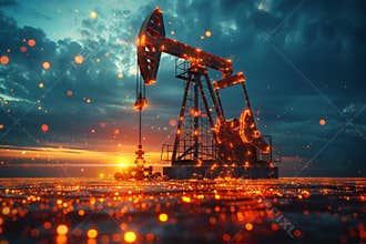 Crude oil extraction on purple platform with petroleum pump, fuel industry for hydrocarbon import