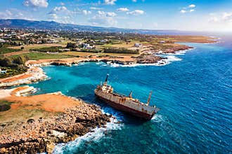 Abandoned Edro III Shipwreck at seashore of Peyia, near Paphos, Cyprus.