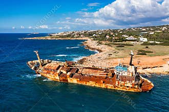 Abandoned Edro III Shipwreck at seashore of Peyia, near Paphos, Cyprus.