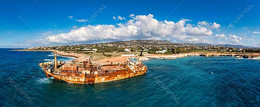 Abandoned Edro III Shipwreck at seashore of Peyia, near Paphos, Cyprus. Historic Edro III Shipwreck site on the shore of the water