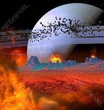 Extraterrestrial landscape of a rocky planet with volcanic activity