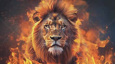 A courageous lion framed by flames on a black background.