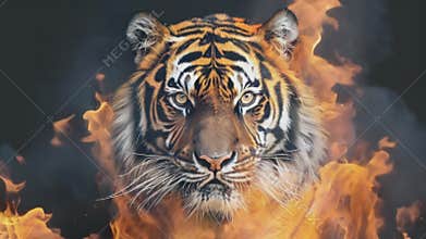 A courageous tiger framed by flames on a black background.