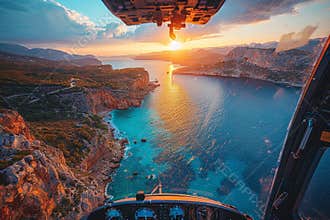 Helicopter soaring over sea in clear weather with inside cabin view for unique perspective