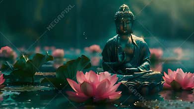 Statue of Buddha surrounded of lotus flowers
