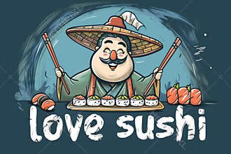 Sushi Logo, Cartoon Samurai with Rolls Set