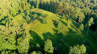 Scenic aerial view of Stirniai mound. Neris Regional Park, Vilnius, Lithuania.
