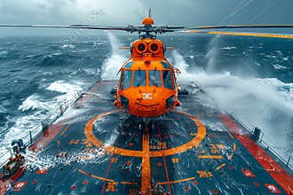 Helicopter landing on sunny day at helipad on offshore oil platform aerial view