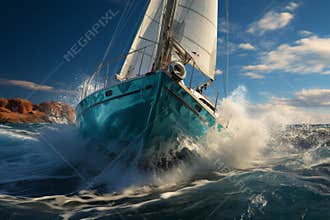Sailing Yacht on Rough Sea, sailboat crashing through waves, sailboat on big waves, ocean sailing.