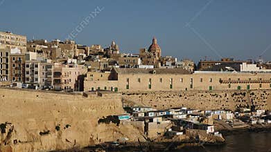 A Majestic View of Valletta&#x27;s Fortifications From the Grand Harbour. Valletta, the Capital City of Malta. The