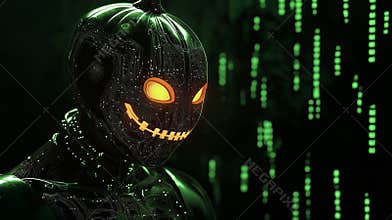 Futuristic robot with a scary pumpkin mask glows in the dark, creating an eerie atmosphere perfect for halloween