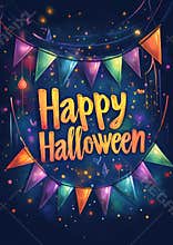 Colorful "Happy Halloween" Banner with Orange, Green, and Purple Bunting Flags on Deep Blue Background