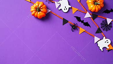 Happy Halloween concept. Halloween party decorations, pumpkins, ghost, bats, spiders, and bunting garland on violet background.