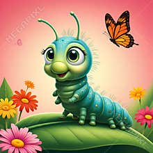 A cute caterpillar with big eyes, expressive face, on a vibrant green leaf, with colorful flowers and butterfly, dinsey, cartoon