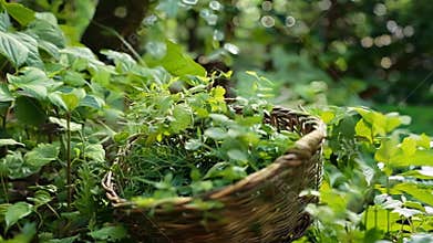 Wicker basket filled with freshly foraged herbs in lush forest