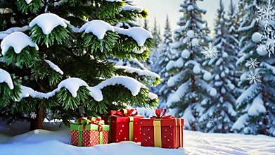 Christmas gifts in red wrapper under fir tree in winter forest