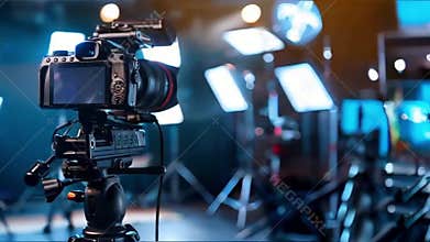 professional video camera on tripod in dark photo studio interior