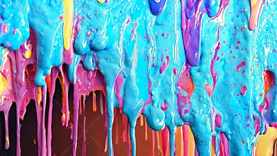 Colorful dripping paint on a wall, abstract art. Creative expression and vibrant colors concept