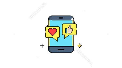 smartphone with a blue screen displaying two yellow speech bubbles