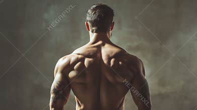 Man with muscular back in dim light, fitness and strength concept