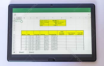 Shot of an excel sheet on tablet screen showing bank loan amortization table. Finance