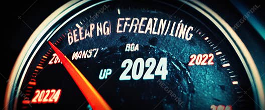 Futuristic speedometer with year 2024 highlighted in focus