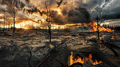 Burnt forest landscape at sunset, environmental devastation concept