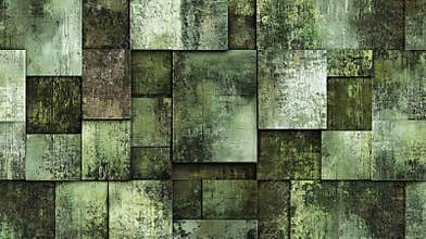 Modern abstract background is forming a geometric pattern with green square tiles, creating a vintage and grunge look