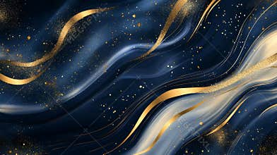 Abstract background with swirling blue and gold paint mixing together with gold glitter accents, resembling nebula in